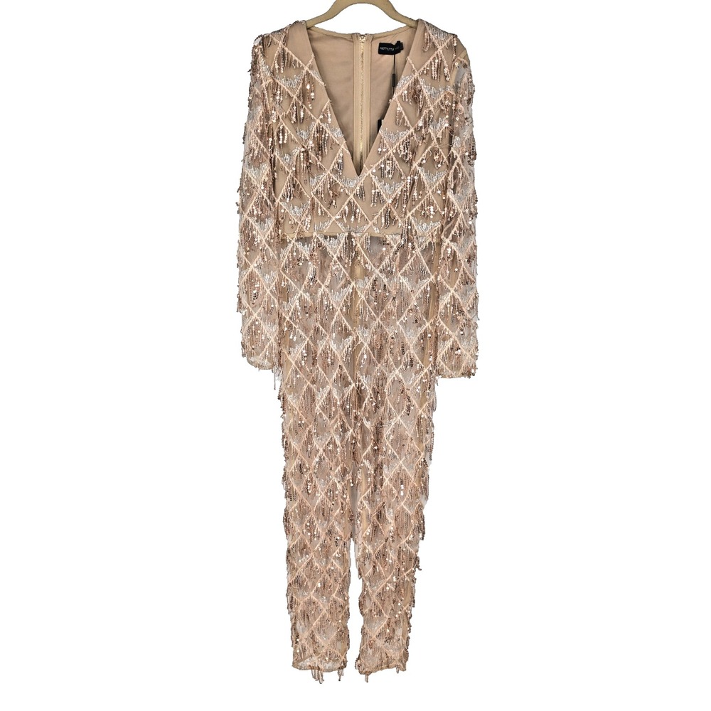 PrettyLittleThing Beige Sequin Jumpsuit